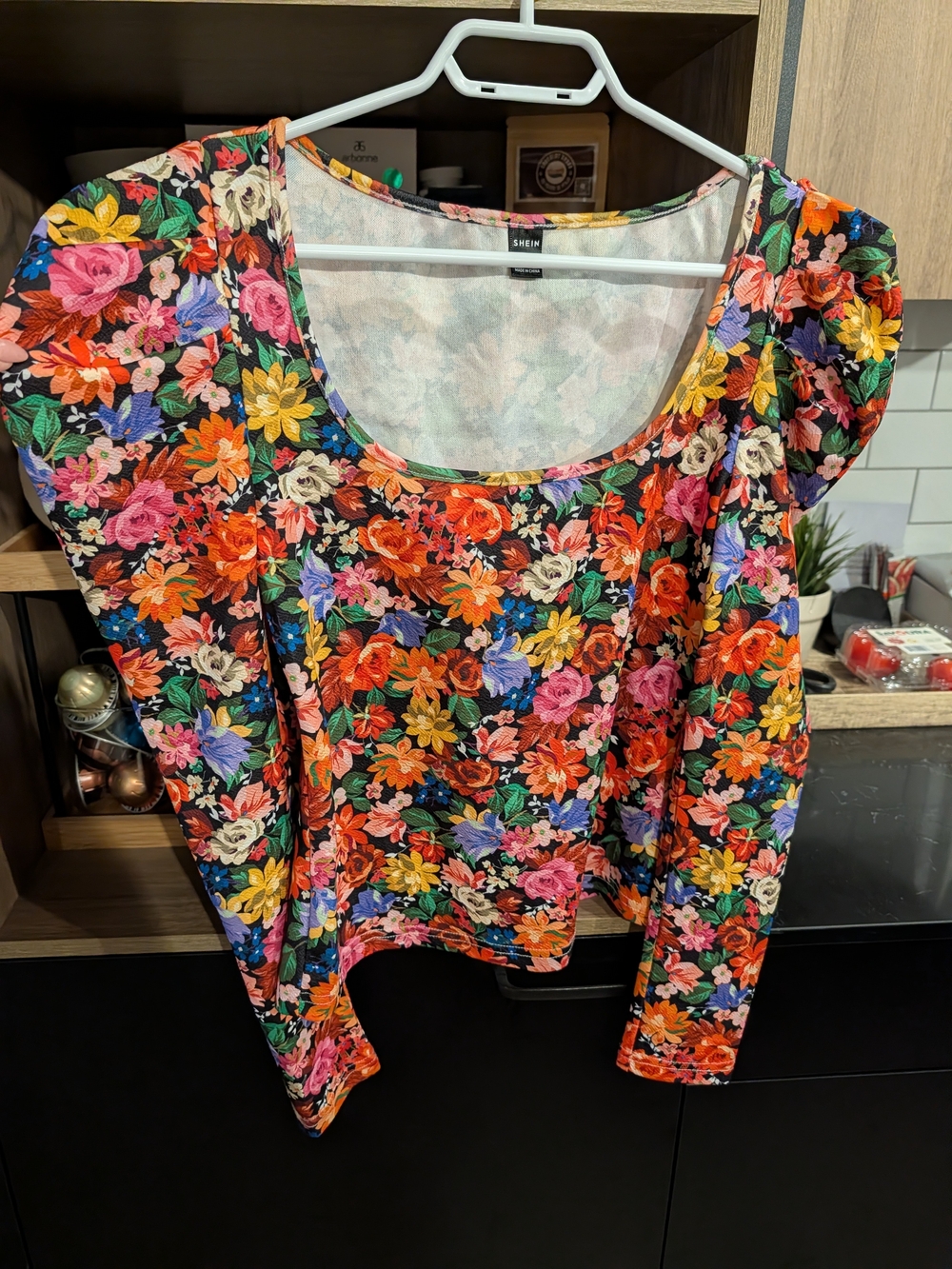 SHEIN Black Floral Scoop Neck Long Sleeve Top - Multi